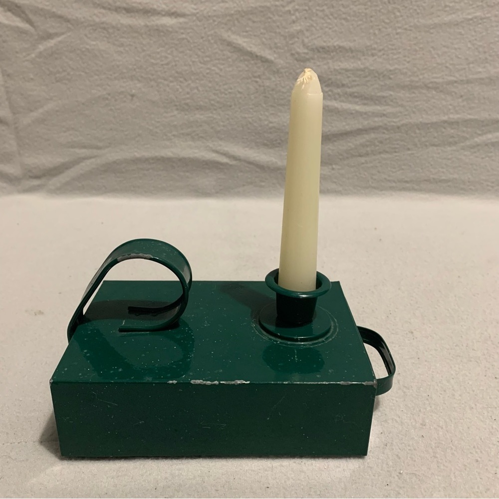 Vtg. Green Metal Chamber Candlestick Holder w/Candle Storage - Candles Included